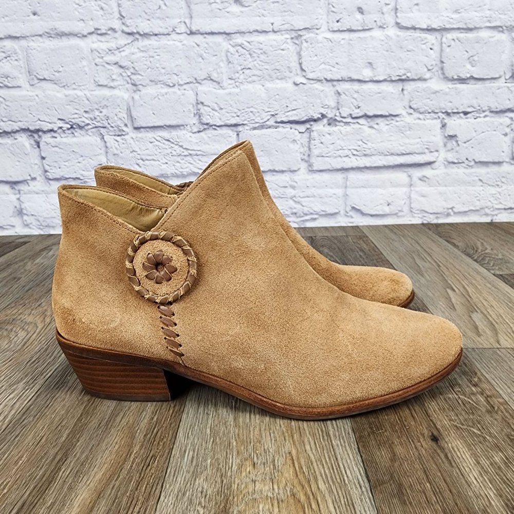 Jack Rogers Tan Suede Ankle Booties with Braided Button Accent